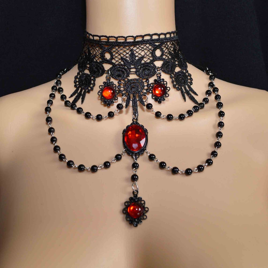 Victorian Gothic Necklace Black Lace Choker Red Crystal Etsy UK