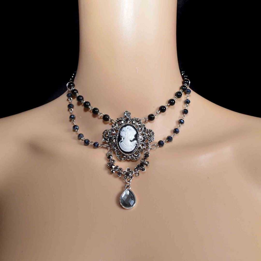 Black Pearl Choker Necklace Woman Cameo Crystal Pendant - Etsy
