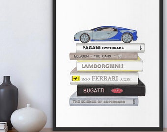 Book Stack Bugatti Supercar Wall Art Print