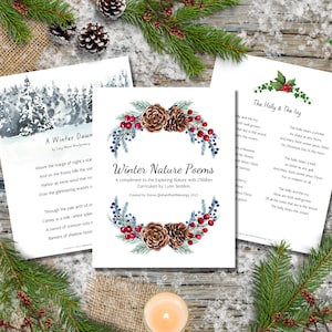 May include: Three printable winter nature poems with watercolour illustrations of pine cones, holly, and berries. The poems are titled "A Winter Dawn", "Winter Nature Poems", and "The Holly & The Ivy".