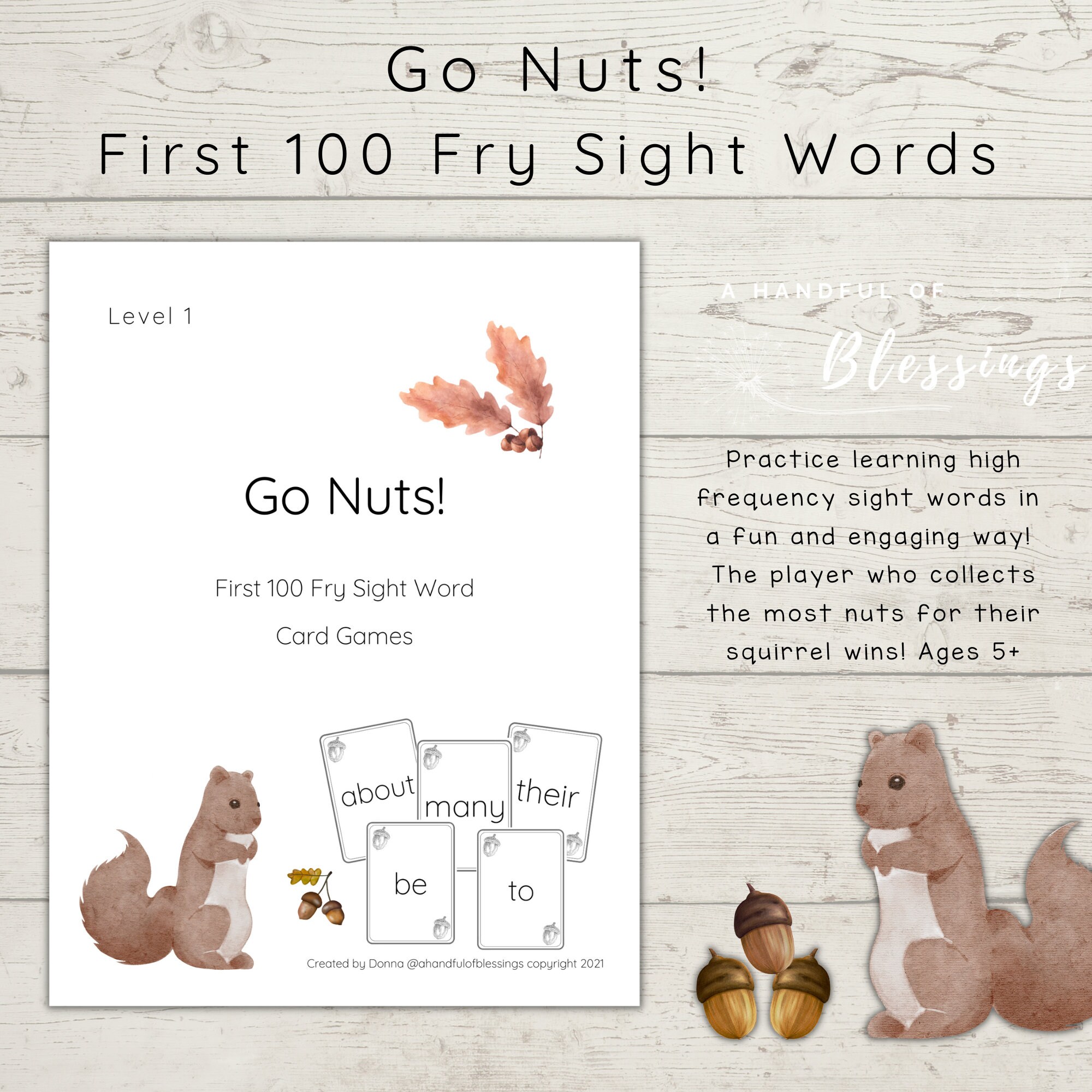 Go Nuts! Level 1 Sight Word Card Game | Fry First 100 Words, Printable ...
