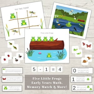 May include: A printable educational activity for young children featuring a frog theme. The activity includes a noughts and crosses game, a counting activity, and a memory matching game. The printable features colourful illustrations of frogs, dragonflies, turtles, and other pond creatures.