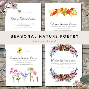 May include: Four printable cards with watercolour illustrations of nature scenes. Each card features a different season: spring, summer, autumn, and winter. The cards include the text "Seasonal Nature Poetry Bundle and Save!"