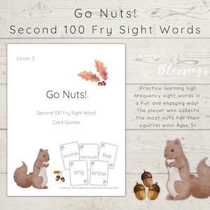 Go Nuts Level 2 Sight Word Card Game | Fry Second 100 words, printable flashcards, homeschool early learning, kindergarten, grade 1, grade 2