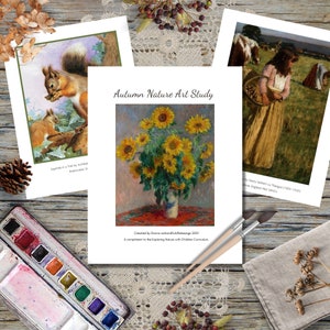 May include: A nature art study with three images. The first image is a watercolour painting of two squirrels in a tree. The second image is a painting of a vase of sunflowers. The third image is a painting of a woman in a field with cows.