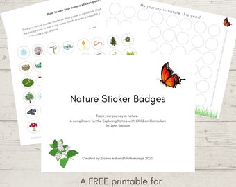 Könnte beinhalten: Ein druckbarer Natur-Sticker-Badge-Chart mit einer Schmetterlings-Illustration und dem Text "Meine Reise in der Natur dieses Jahr!" Die Tabelle hat 25 Kreise für Sticker. Der Text "Nature Sticker Badges" befindet sich oben auf der Seite. Der Text "Track your journey in nature. A compliment for the Exploring Nature with Children Curriculum. By: Lynn Seddon" befindet sich unter dem Titel. Der Text "Created by: Donna eahandfulofblessings 2021." befindet sich unten auf der Seite. Der Text "A FREE printable for Exploring Nature with Children" befindet sich unten auf der Seite.