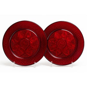 Cristal D'Arques-Durand Set of 2 Ruby Red Glass Plate Diamond & Star Pattern OS