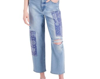 Women's Vintage Straight Mom Jeans Size 8 Bandana Patchwork  Roses Cropped