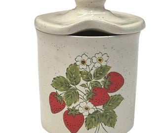 Barattolo per marmellata di fragole in ceramica McCoy vintage anni '70 con coperchio, stile rustico, stile cottagecore