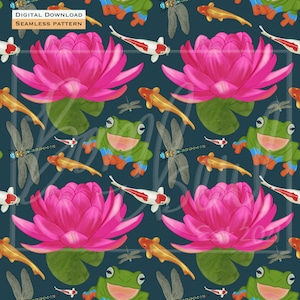 Puede incluir: Patrón repetitivo con nenúfares rosas, hojas de nenúfar verdes, carpas koi, ranas y libélulas sobre un fondo azul oscuro. El texto "DIGITAL DOWNLOAD SEAMLESS PATTERN" está en la parte superior.