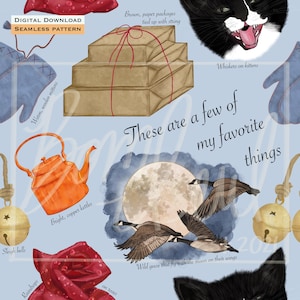 Puede incluir: Patrón digital sin costuras con varias ilustraciones. Incluye paquetes de papel marrón atados con hilo, una tetera de cobre y un gato blanco y negro. El texto dice "These are a few of my favorite things."