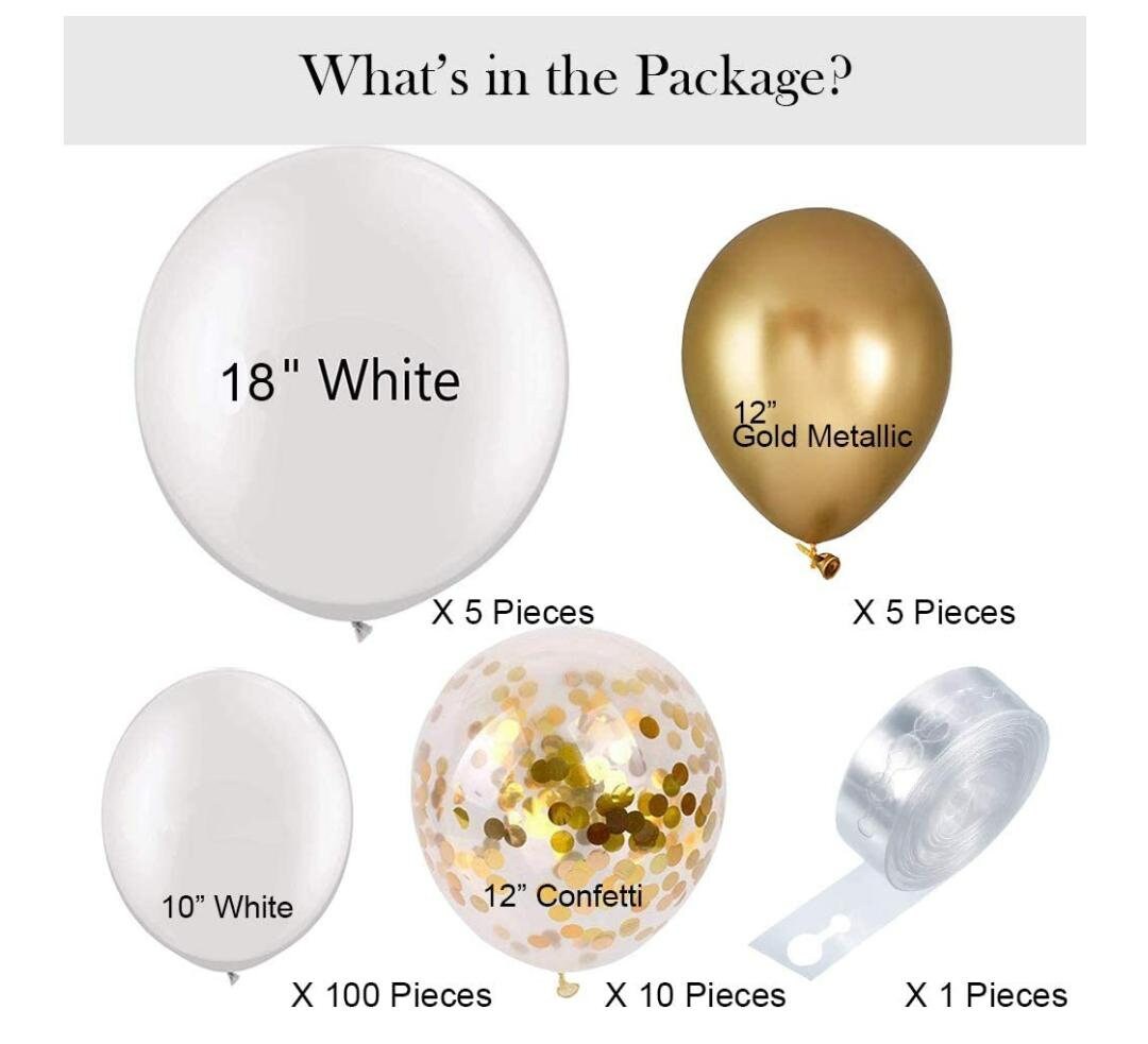 Kit d'arche de guirlande de ballon en or blanc - 122pcs 18/12/10 / 5in Ballons  blancs et dorés avec ballons confettis en or blanc pour mariage  Bachelorette Baby Show