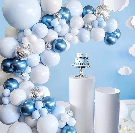 Wedding Blue Sliver Balloon Garland Arch Kit Premium DIY Blue White 4D Silver with Metallic Silver and Confetti Balloons for Baby Shower