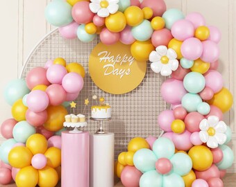 Daisy Balloon Garland Arch Kit,Retro Yellow Pink Green Hippie Boho Balloons Garland Daisy Flower Balloons For Birthday Baby Shower Groovy