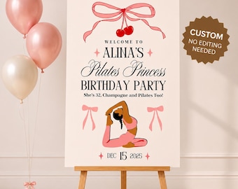 Pilates Welcome Sign | Pilates Birthday Party Poster | Cherry Coquette Bow Theme | CUSTOM