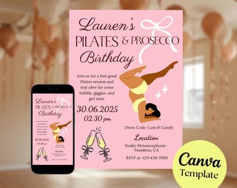 May include: Pink Pilates and Prosecco birthday party invitation. The invitation includes the text "Lauren's Pilates & Prosecco Birthday" and event details. A smartphone displays the invitation. The design features a woman in a yoga pose and champagne glasses.