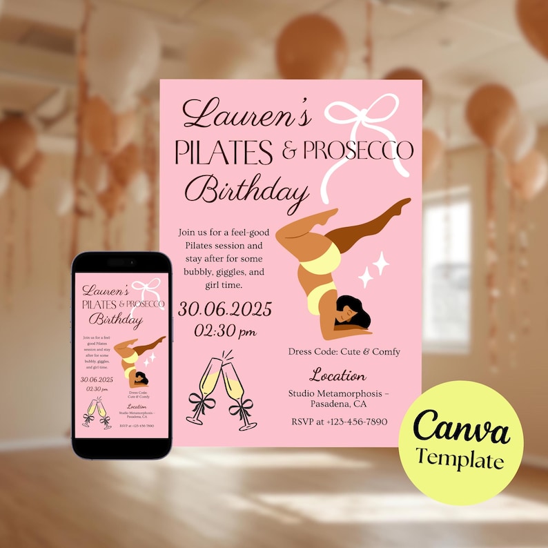 Puede incluir: Invitaci&oacute;n rosa para una fiesta de cumplea&ntilde;os de Pilates y Prosecco. La invitaci&oacute;n incluye el texto "Lauren's Pilates & Prosecco Birthday" y los detalles del evento. Un smartphone muestra la invitaci&oacute;n. El dise&ntilde;o presenta a una mujer en una postura de yoga y copas de champ&aacute;n.