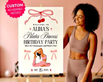 Pilates Welcome Sign | Pilates Princess Party Poster | Cherry with Bow | Birthday Entry Board | CUSTOM