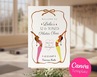Letrero de bienvenida para Pilates, lazo rosa, póster de cumpleaños de yoga y pilates, decoración para fiestas de fitness / Plantilla de Canva