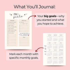 K&ouml;nnte beinhalten: Eine Zielsetzungs-Journal-Seite mit der &Uuml;berschrift What You'll Journal, die einen Big Goals-Bereich mit Kontrollk&auml;stchen f&uuml;r Pilates-Aufgaben, einen Time Frame-Bereich und einen 2025-Kalender mit zw&ouml;lf Monats&uuml;bersichten in schwarzer Schrift enth&auml;lt.