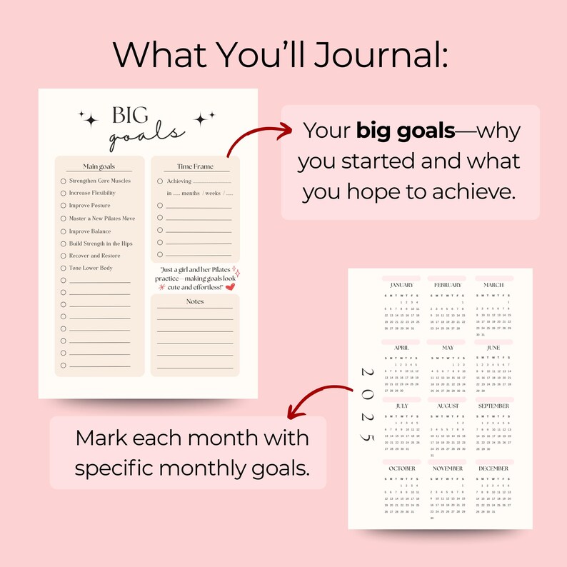 K&ouml;nnte beinhalten: Eine Zielsetzungs-Journal-Seite mit der &Uuml;berschrift What You'll Journal, die einen Big Goals-Bereich mit Kontrollk&auml;stchen f&uuml;r Pilates-Aufgaben, einen Time Frame-Bereich und einen 2025-Kalender mit zw&ouml;lf Monats&uuml;bersichten in schwarzer Schrift enth&auml;lt.