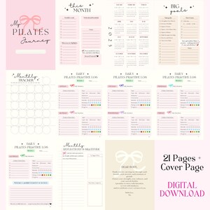 K&ouml;nnte beinhalten: Ein digitales Pilates-Planer-Set mit 21 Seiten und einer Titelseite. Das Layout umfasst ein My Pilates Journey-Cover, einen Kalender f&uuml;r 2025, Ziel-Tracker, Monats&uuml;bersichten, t&auml;gliche &Uuml;bungsprotokolle mit Checkboxen und Reflexionsseiten mit rosa Schleifen.