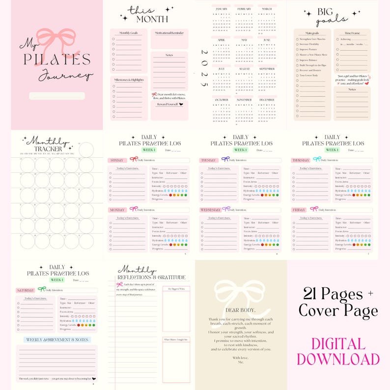 K&ouml;nnte beinhalten: Ein digitales Pilates-Planer-Set mit 21 Seiten und einer Titelseite. Das Layout umfasst ein My Pilates Journey-Cover, einen Kalender f&uuml;r 2025, Ziel-Tracker, Monats&uuml;bersichten, t&auml;gliche &Uuml;bungsprotokolle mit Checkboxen und Reflexionsseiten mit rosa Schleifen.