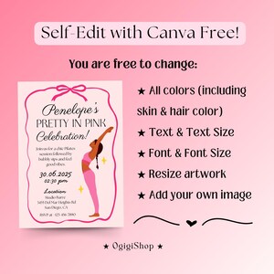 Puede incluir: Invitaci&oacute;n rosa para una "Pretty in Pink Celebration" con tem&aacute;tica de Pilates. La invitaci&oacute;n incluye la fecha, hora y lugar. El texto "Self-Edit with Canva Free!" est&aacute; en la parte superior, con opciones para cambiar colores, texto, fuente y arte.