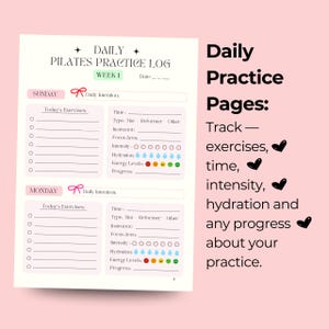 K&ouml;nnte beinhalten: Eine t&auml;gliche Pilates-&Uuml;bungsprotokollseite mit Abschnitten f&uuml;r Sonntag und Montag. Jeder Tag enth&auml;lt Felder f&uuml;r t&auml;gliche Absicht, &Uuml;bungen, Zeit, Typ, Kursleiter, Fokusbereich, Intensit&auml;t, Fl&uuml;ssigkeitszufuhr, Energielevel und Fortschritt.