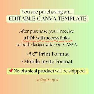 Puede incluir: Anuncio de producto digital sobre un fondo degradado. El texto dice "EDITABLE CANVA TEMPLATE" y detalla la recepci&oacute;n de un PDF con enlaces de acceso, un formato de impresi&oacute;n de 5x7" y un formato de invitaci&oacute;n m&oacute;vil. Tambi&eacute;n indica que no se enviar&aacute; ning&uacute;n producto f&iacute;sico.