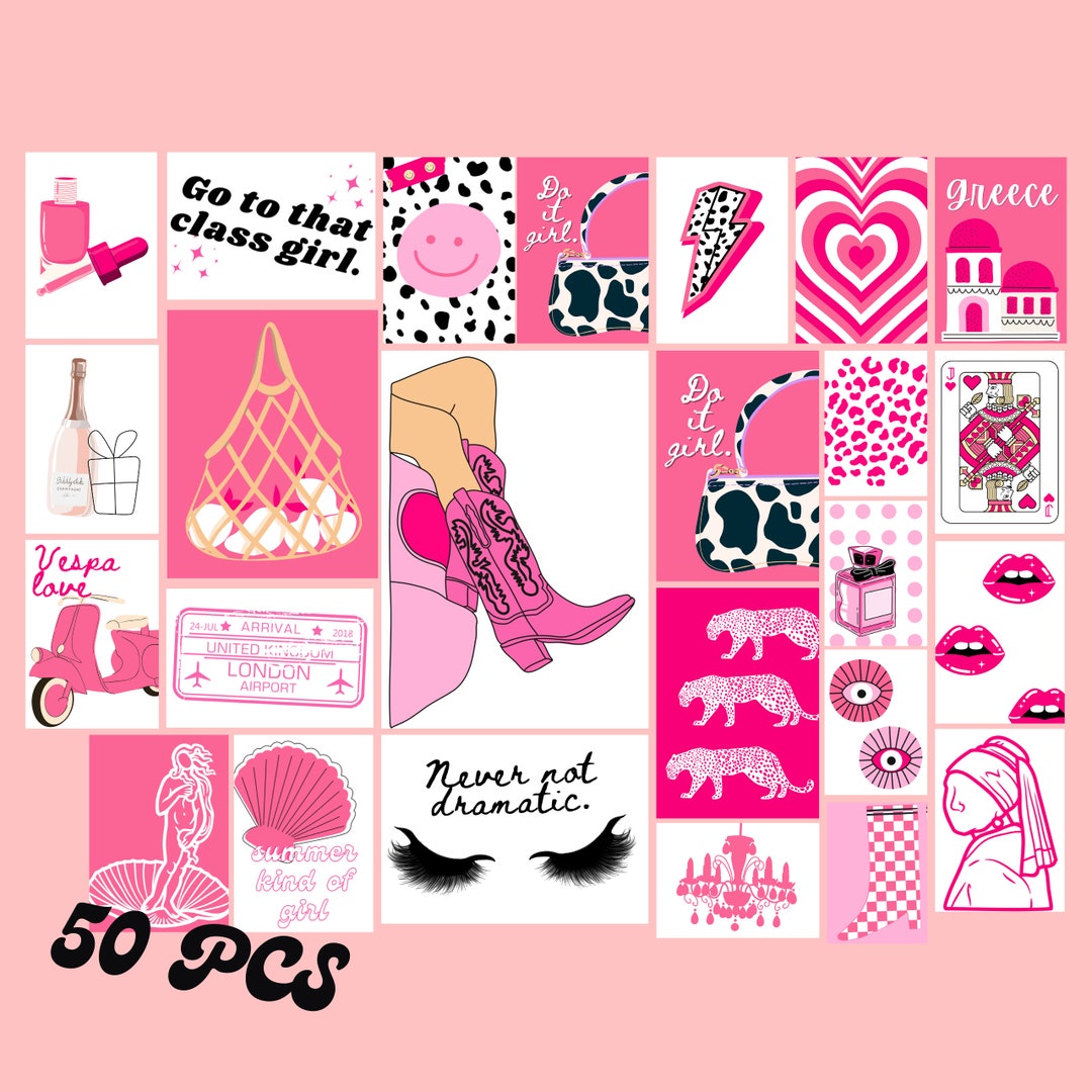 Preppy Wall Collage, 50 PCS, Aesthetic Wall Prints, Pink Cowboy Boots