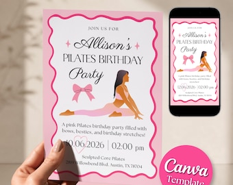 Pilates Invitation | Pink Bow | Pilates & Yoga Birthday Party Invite | Canva Template