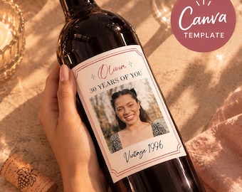 Spersonalizowana etykieta na wino ze zdjęciem | Niestandardowa naklejka na wino na urodziny | Impreza z okazji ważnych wydarzeń w stylu vintage | Edytowalny szablon Canva