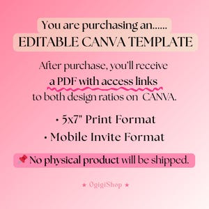 Puede incluir: Gr&aacute;fico rosa con texto: "Est&aacute;s comprando un... PLANTILLA CANVA EDITABLE". Los detalles incluyen un PDF con enlaces de acceso, formato de impresi&oacute;n de 5x7" y formato de invitaci&oacute;n m&oacute;vil. El texto tambi&eacute;n indica que no se enviar&aacute; ning&uacute;n producto f&iacute;sico.
