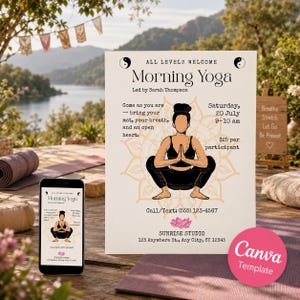 Modello di volantino per yoga, invito a un ritiro, weekend benessere, volantino per workshop di meditazione / Download digitale