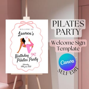 Letrero de bienvenida de Pilates para cumpleaños, plantilla editable, letrero de fiesta de Pilates en rosa, letrero de barra de yoga, letrero de bienvenida a estudio de Pilates / AUTOEDICIÓN