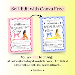 May include: Two invitation templates for Pilates events. One is pink for a birthday party, the other is blue for a bridal class. Both feature illustrations of people doing Pilates, bows, and event details. Text includes "Self-Edit with Canva Free".