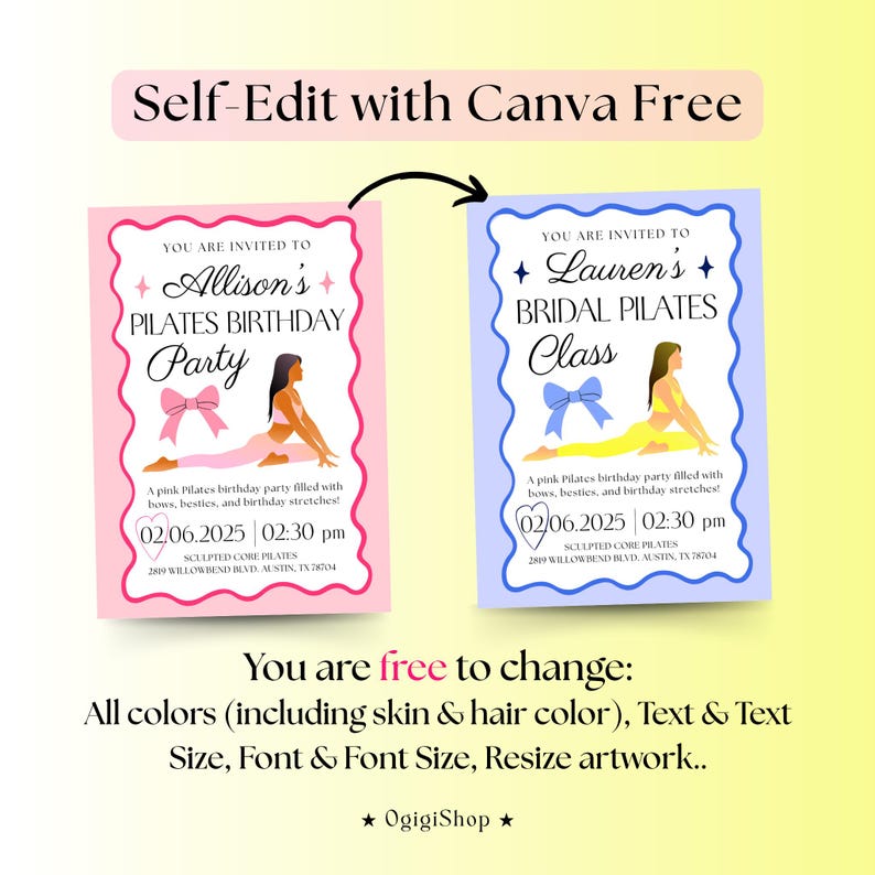 May include: Two invitation templates for Pilates events. One is pink for a birthday party, the other is blue for a bridal class. Both feature illustrations of people doing Pilates, bows, and event details. Text includes "Self-Edit with Canva Free".