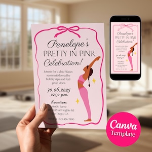 Puede incluir: Una invitaci&oacute;n rosa para "Penelope's Pretty in Pink Celebration!" presenta una ilustraci&oacute;n estilizada de una mujer con ropa deportiva rosa haciendo una pose de yoga. La invitaci&oacute;n incluye detalles del evento y una pantalla de tel&eacute;fono a juego.
