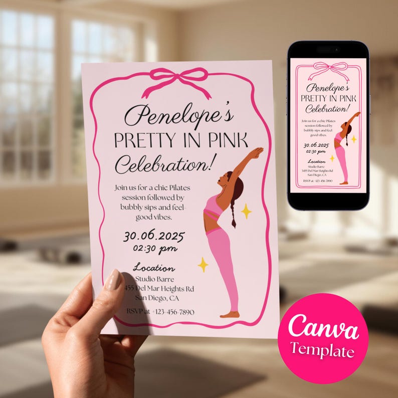 Puede incluir: Una invitaci&oacute;n rosa para "Penelope's Pretty in Pink Celebration!" presenta una ilustraci&oacute;n estilizada de una mujer con ropa deportiva rosa haciendo una pose de yoga. La invitaci&oacute;n incluye detalles del evento y una pantalla de tel&eacute;fono a juego.