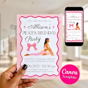 May include: A pink Pilates birthday party invitation with the text "Allison's Pilates Birthday Party." The invitation features a bow graphic and an illustration of a person doing Pilates. A smartphone displays the same design.