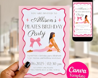Pilates Birthday Invitation, Pink Bow Pilates Yoga Party Invite, Card (Canva Template)