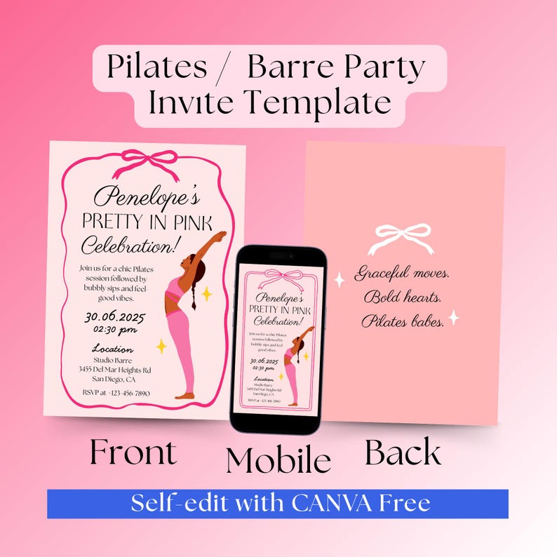 Puede incluir: Plantilla de invitaci&oacute;n a una fiesta de Pilates rosa con el texto "Penelope's Pretty in Pink Celebration!" y un gr&aacute;fico de una mujer en una postura de yoga. La invitaci&oacute;n incluye detalles del evento y un gr&aacute;fico de tel&eacute;fono.
