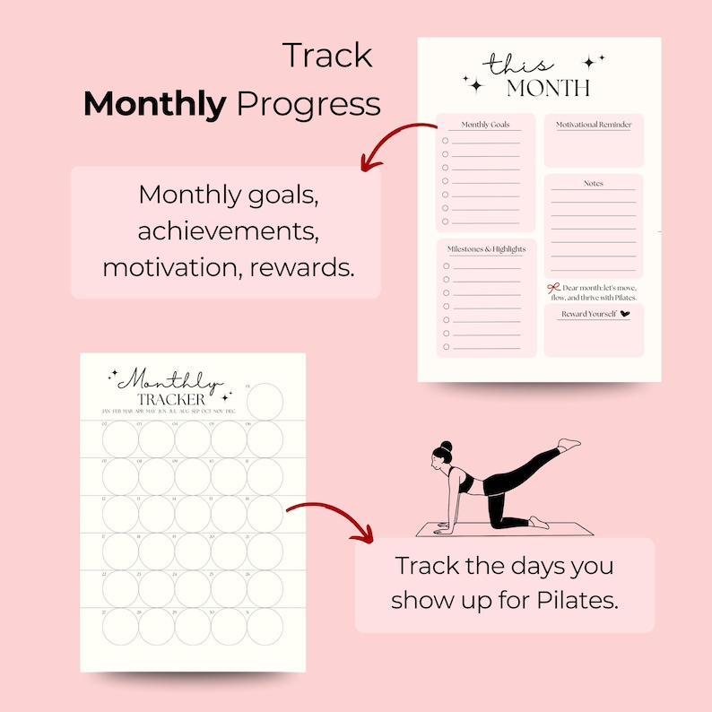 K&ouml;nnte beinhalten: Ein digitales Planer-Set mit einem Monatsfortschrittsblatt mit Abschnitten f&uuml;r Ziele, Notizen und Meilensteine sowie einem Monats-Tracker mit kreisf&ouml;rmigen Tagesmarkierungen. Enth&auml;lt Text: Track Monthly Progress, Monthly goals, achievements, motivation, rewards, this MONTH und Track the days you show up for Pilates.