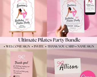 Pilates Party BUNDLE | Birthday Pilates Printables Set (Canva Template)