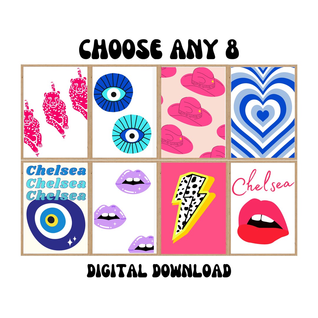 Preppy Wall Collage, 8 PCS, Aesthetic Wall Prints, Evil Eye, Pink Tiger