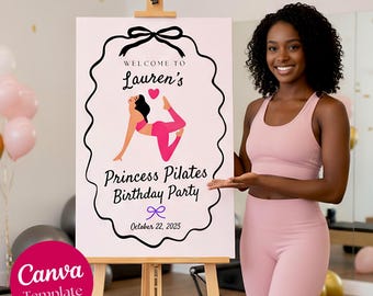 Pink Pilates Party Welcome Sign: Pilates Birthday Poster, Entry Board (Canva Template)
