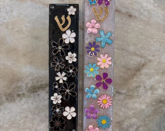 Metallic Flower Resin and Lucite Mezuza Case