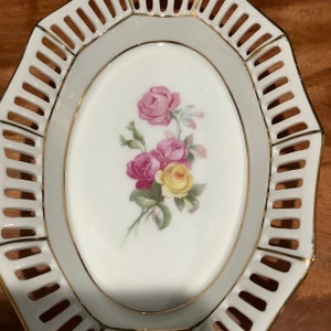 Schumann Bavaria Reticulated handled dish Pink & Yellow Roses w/ Gold Trim