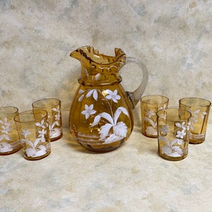Antique Victorian Lemonade Water Pitcher set Marigold Amber White Enamel ruffled Floral Hand Blown